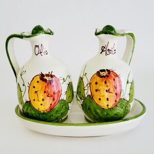 Hand Painted Vinegar & Oil Cruet Tray Set Prickly Pear Cactus S. Stefano Italy